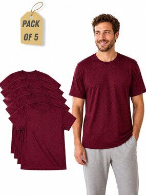Men's 5-Pack Burgundy Crew Neck T-Shirts, Plain Basic Short Sleeve Tee Bundle
